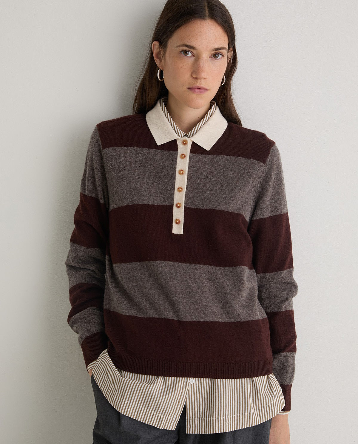 YERSE - Polo Neck Stripe Jumper in Marrón