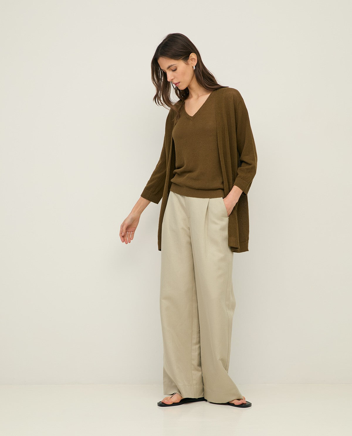 YERSE - Long Cardigan with French Sleeve in Khaki