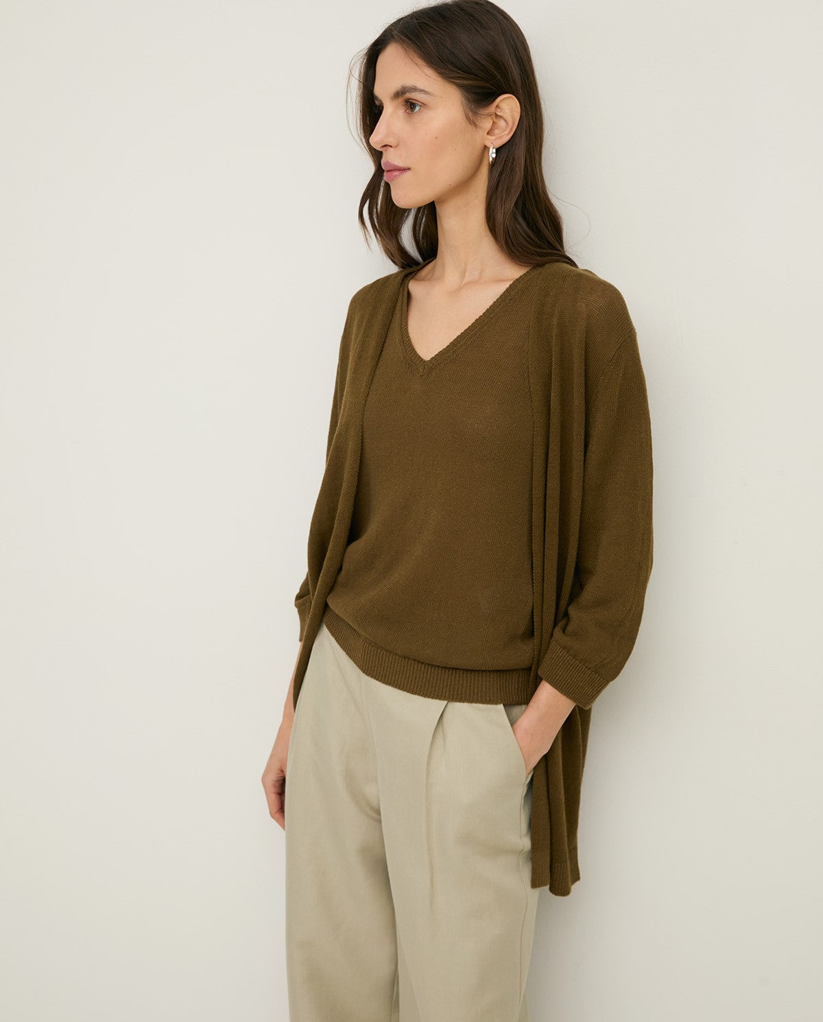 YERSE - Long Cardigan with French Sleeve in Khaki
