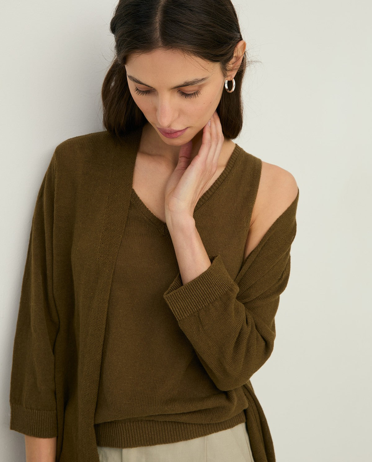 YERSE - Long Cardigan with French Sleeve in Khaki