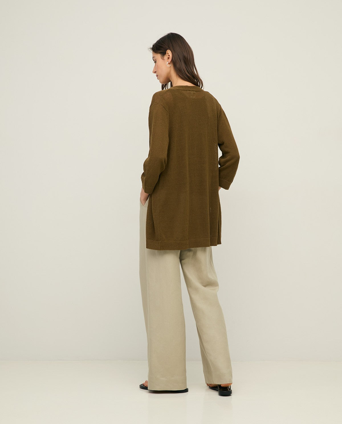 YERSE - Long Cardigan with French Sleeve in Khaki