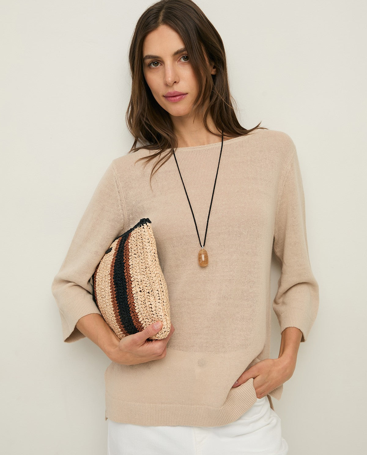 YERSE - Zip Striped Clutch in Beige