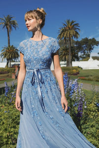 Mac Duggal - Floral Embellished Cap Sleeve Gown in Sky Blue