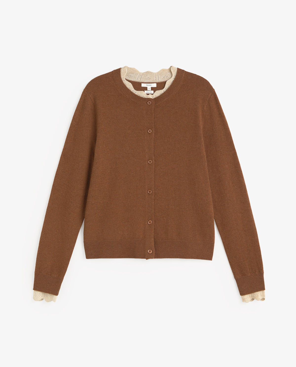 YERSE - Round Neck Cardigan with Contrast Details in Camel