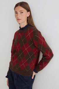 YERSE - Diamond-Pattern Sweater in Brown/Red