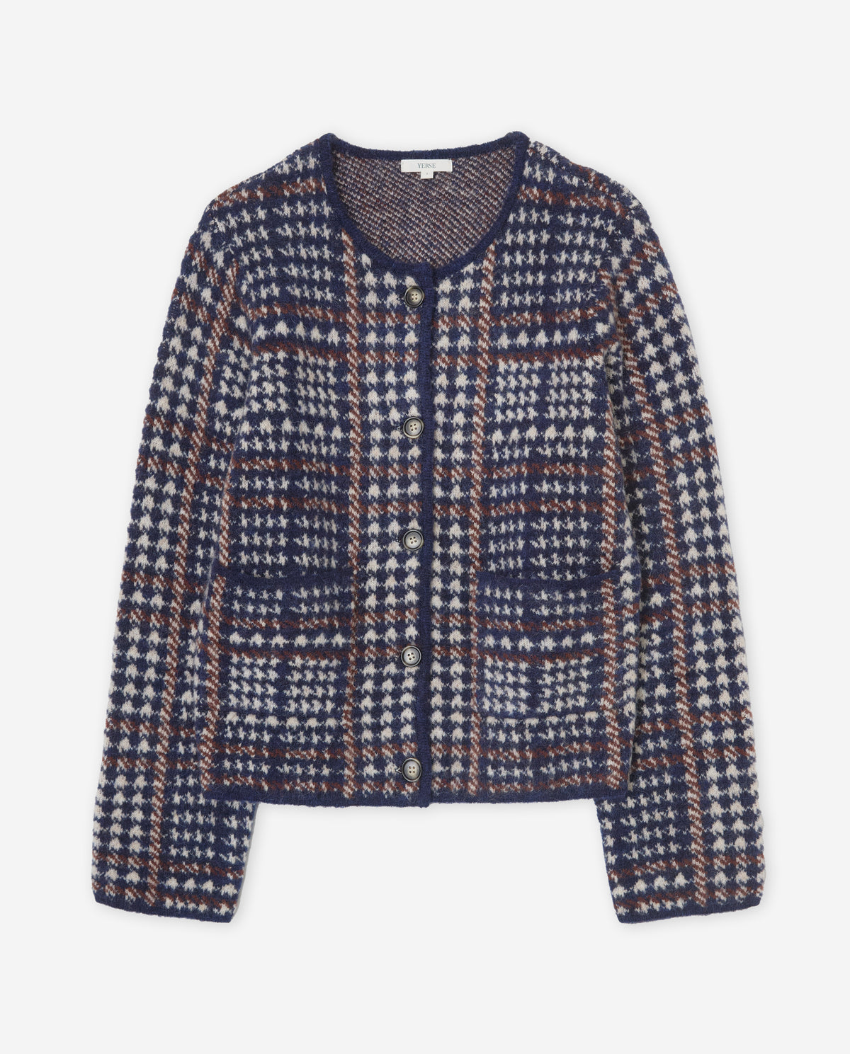 YERSE - Jacquard Prince of Wales Check Cardigan in Piedra Navy Grey