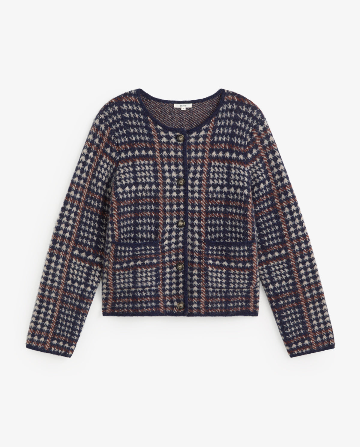 YERSE - Jacquard Prince of Wales Check Cardigan in Piedra Navy Grey
