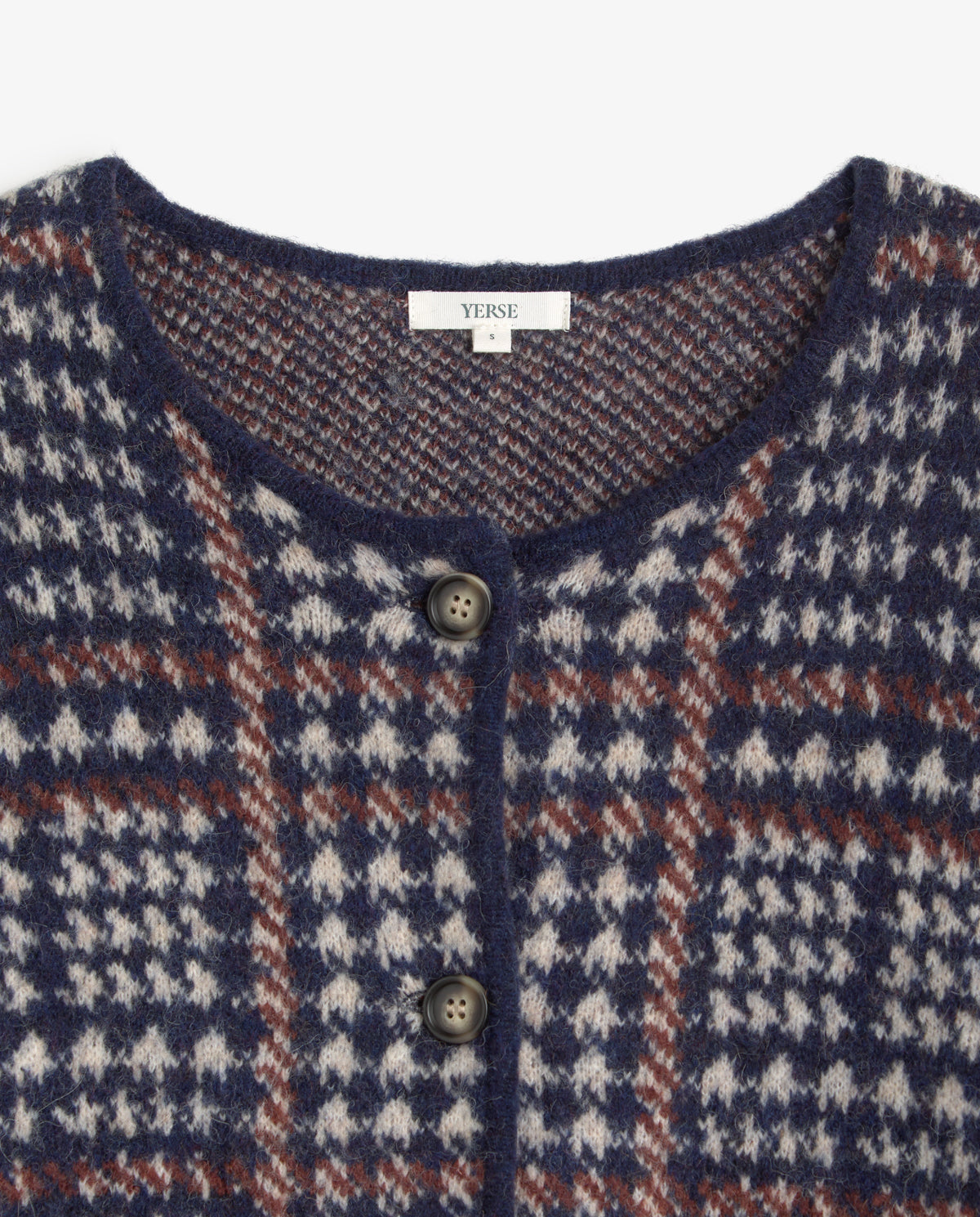 YERSE - Jacquard Prince of Wales Check Cardigan in Piedra Navy Grey
