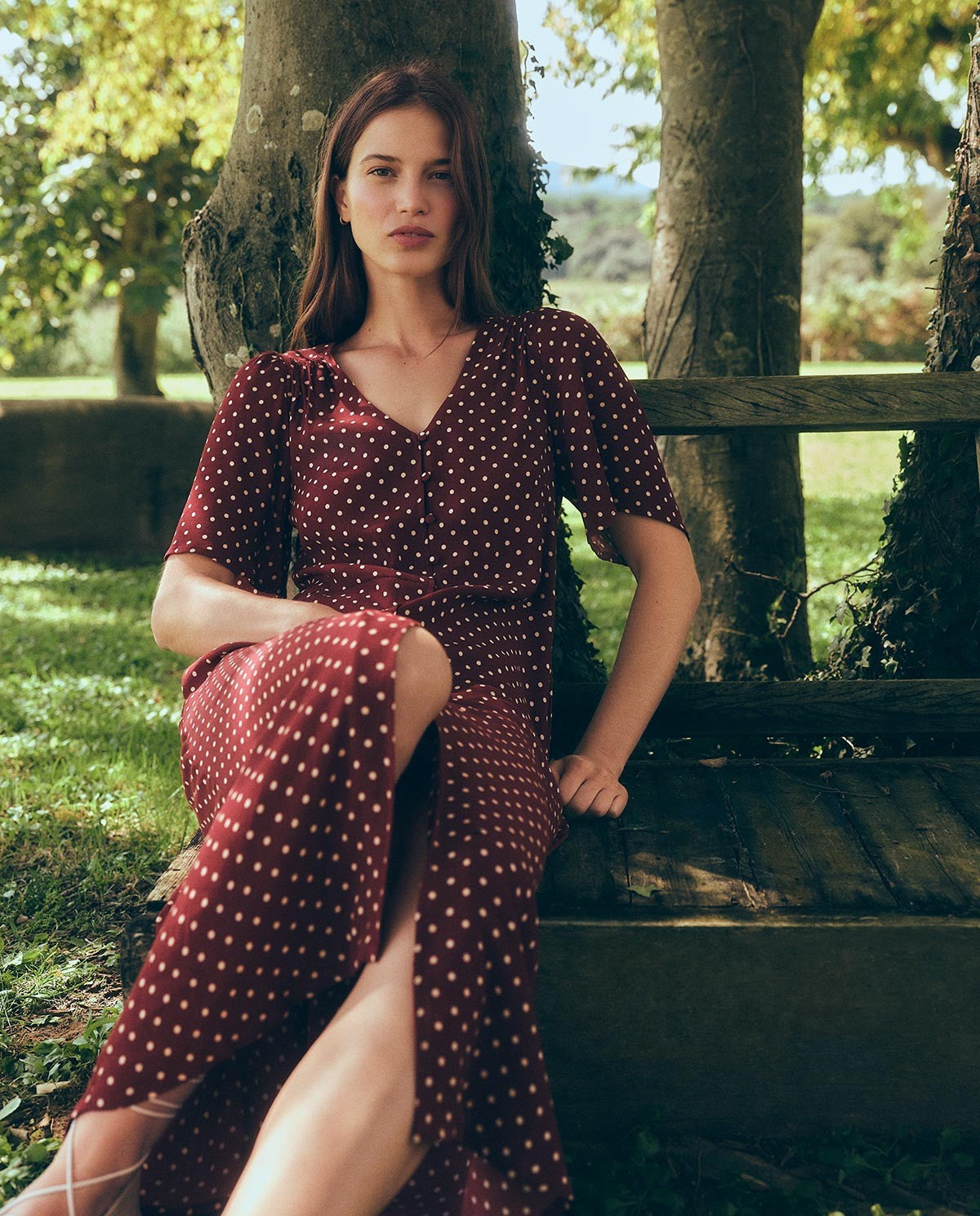 YERSE - Crepe Viscose Dress in Aubergine Dots