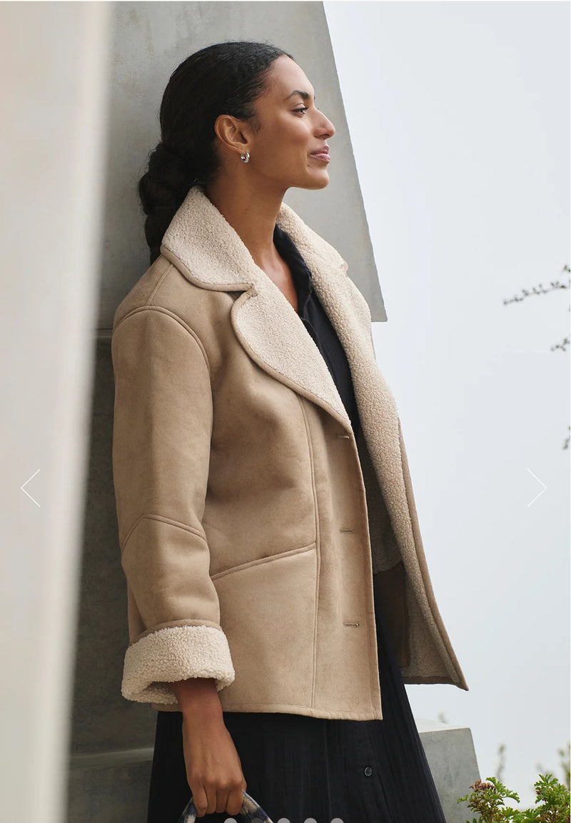 Velvet - Molly - Lux Sherpa Collared Jacket in Sand