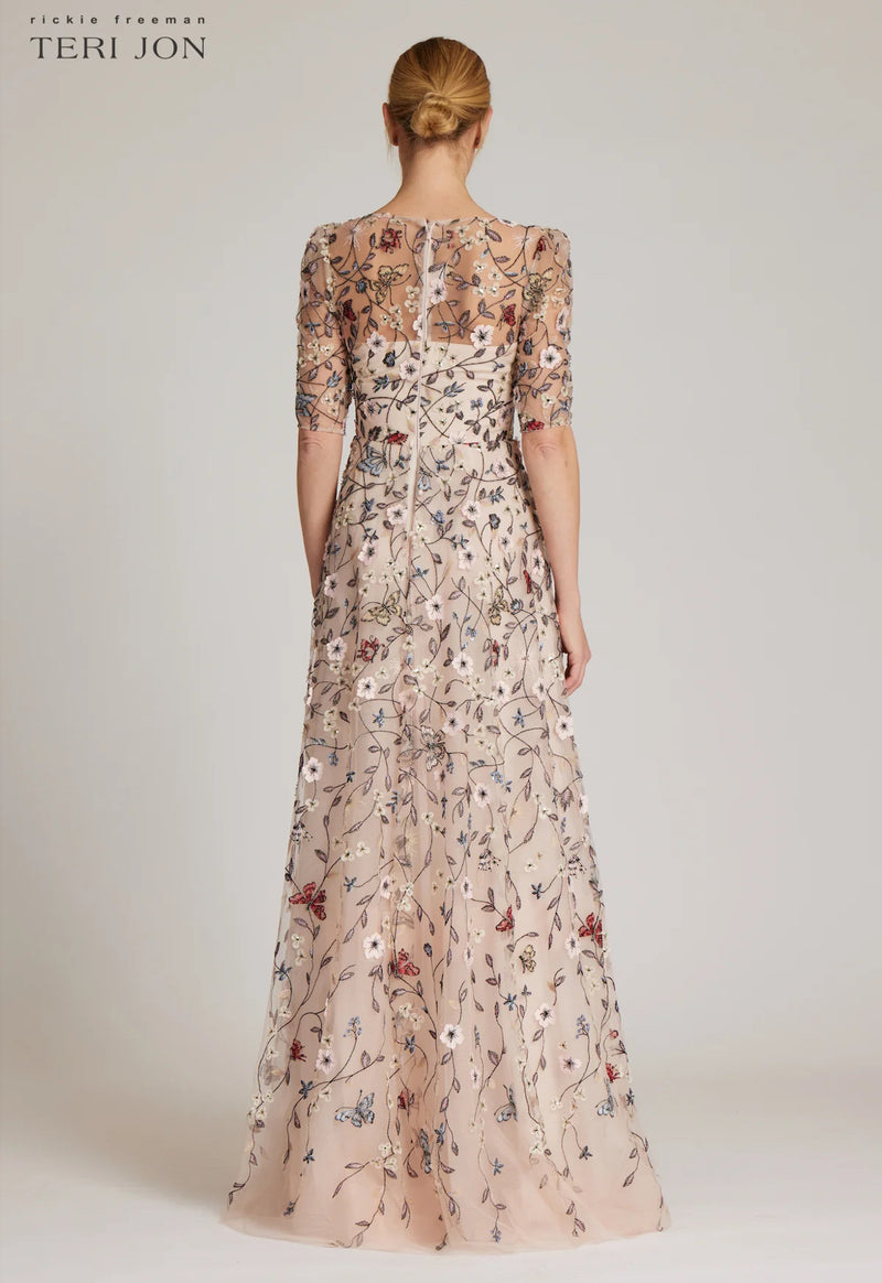 TERI JON - Overlay Gown With 3D Embroidered Florals in Blush Multi