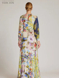 TERI JON - Patchwork Print Pleated Maxi Gown in Multi