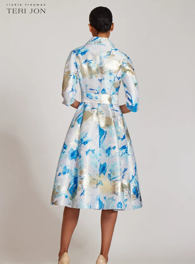 TERI JON - Metallic Jacquard Abstract Pattern Coat Dress
