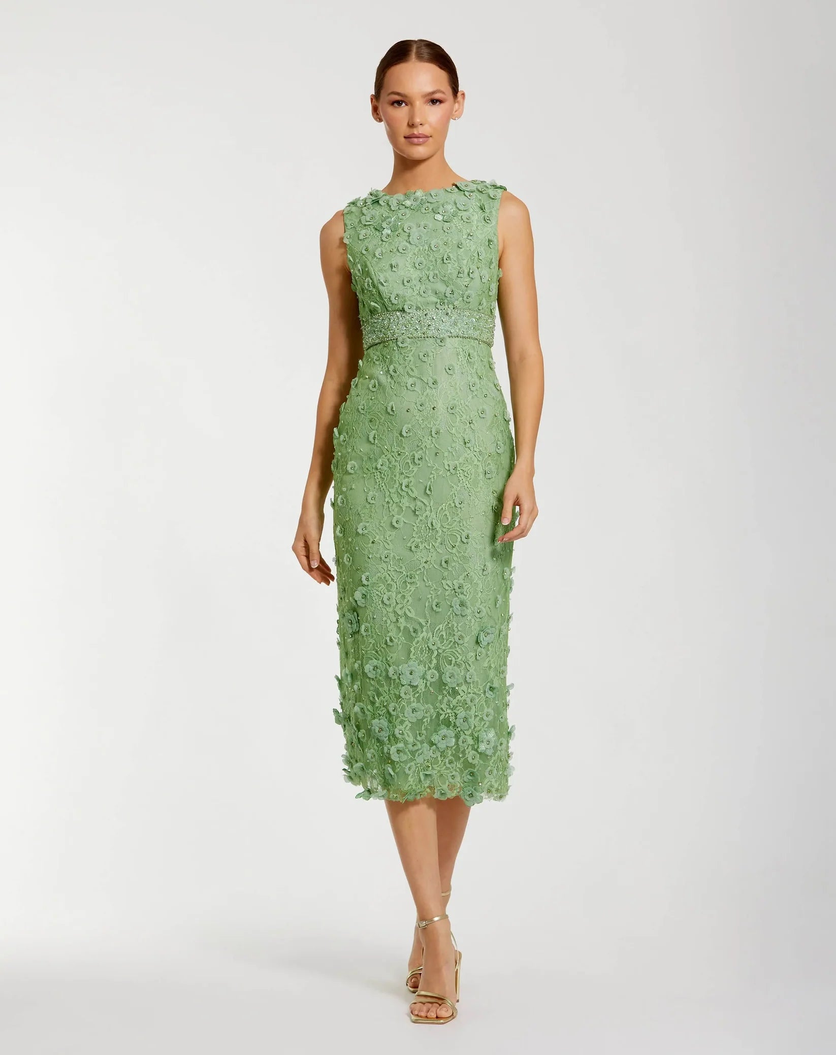 Mac Duggal - Floral Applique Sleeveless Midi Dress in Sage