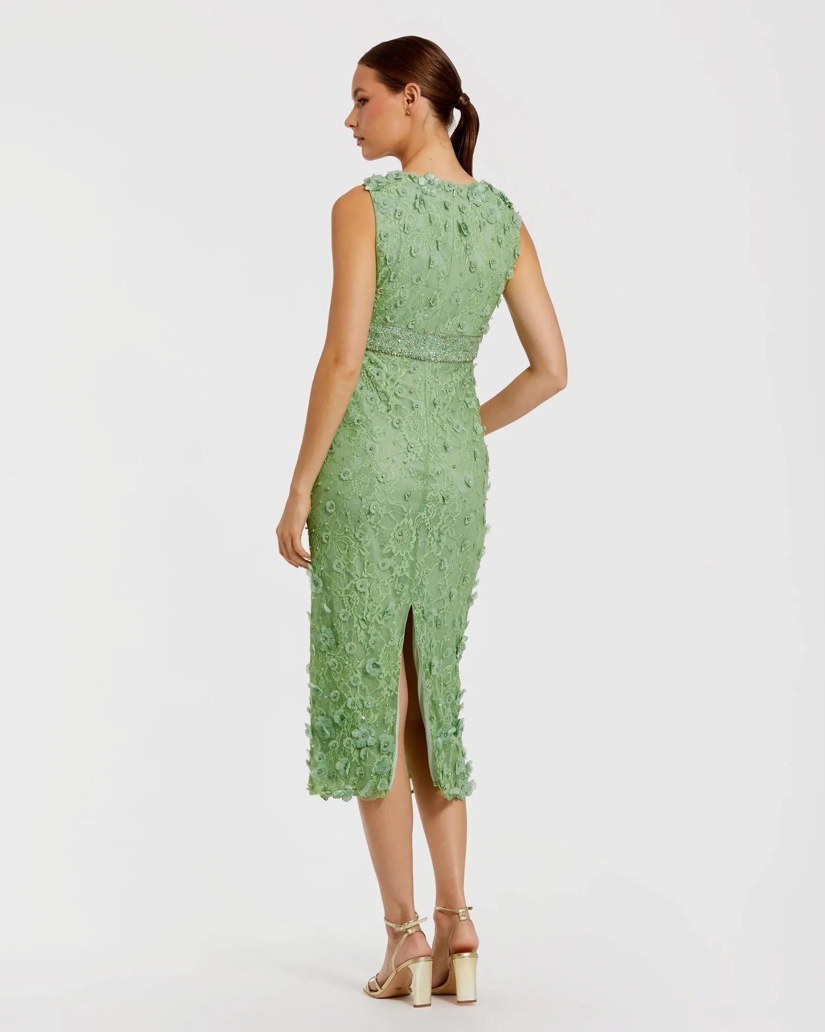 Mac Duggal - Floral Applique Sleeveless Midi Dress in Sage