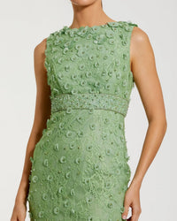 Mac Duggal - Floral Applique Sleeveless Midi Dress in Sage