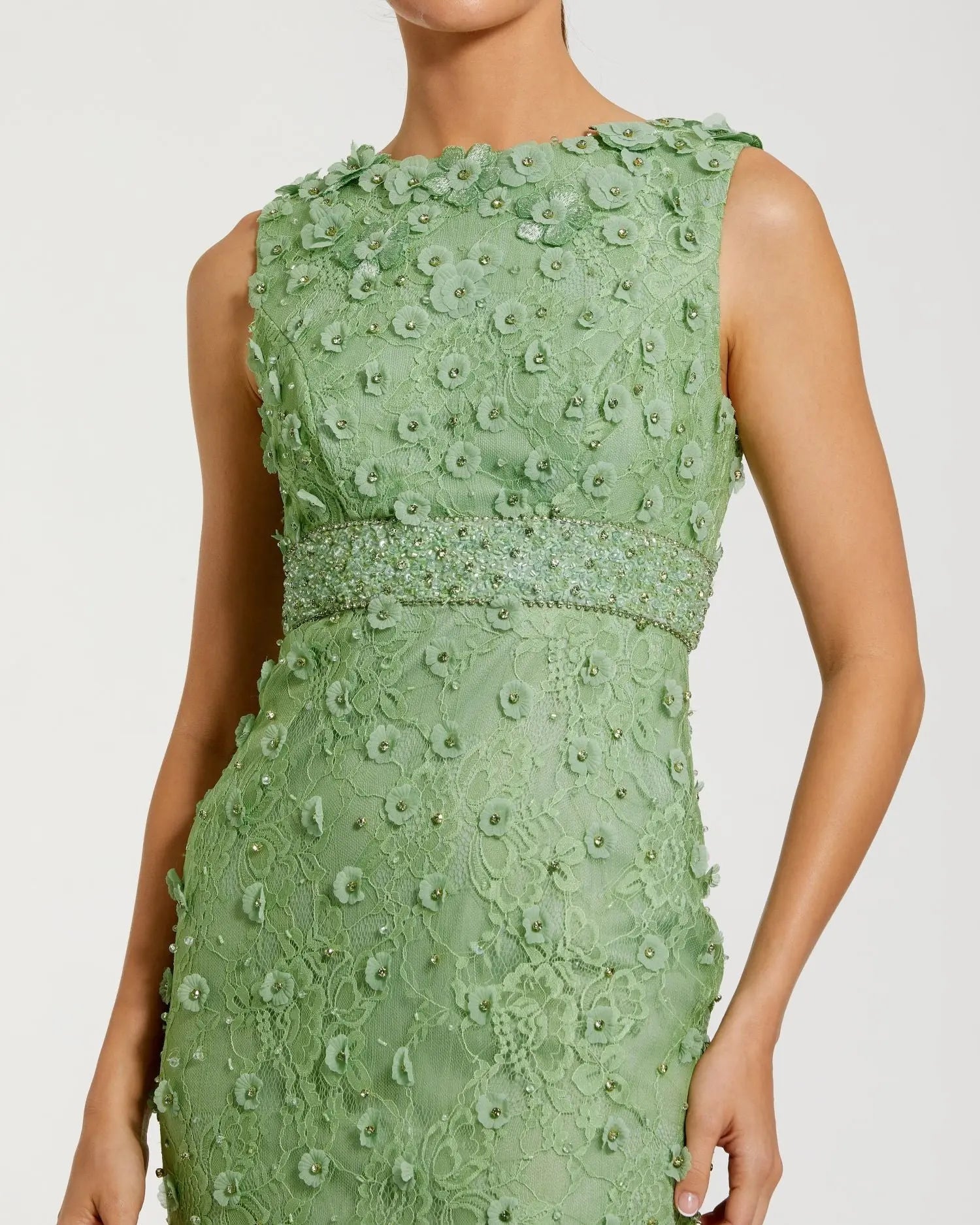 Mac Duggal - Floral Applique Sleeveless Midi Dress in Sage