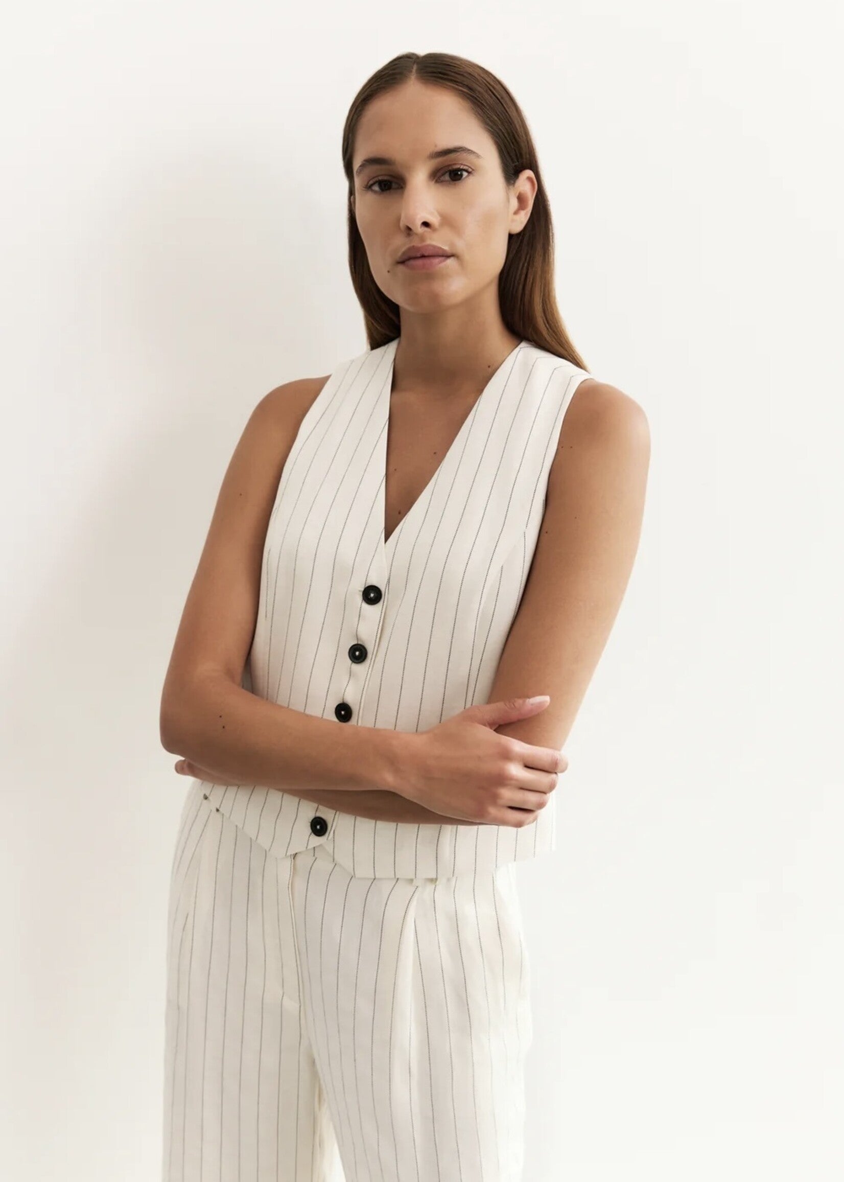 YAYA - Woven Linen Mix Pinstripe Gilet in Sand Linen Beige