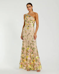 Mac Duggal - One Shoulder Floral Embroidered Gown in Yellow Multi