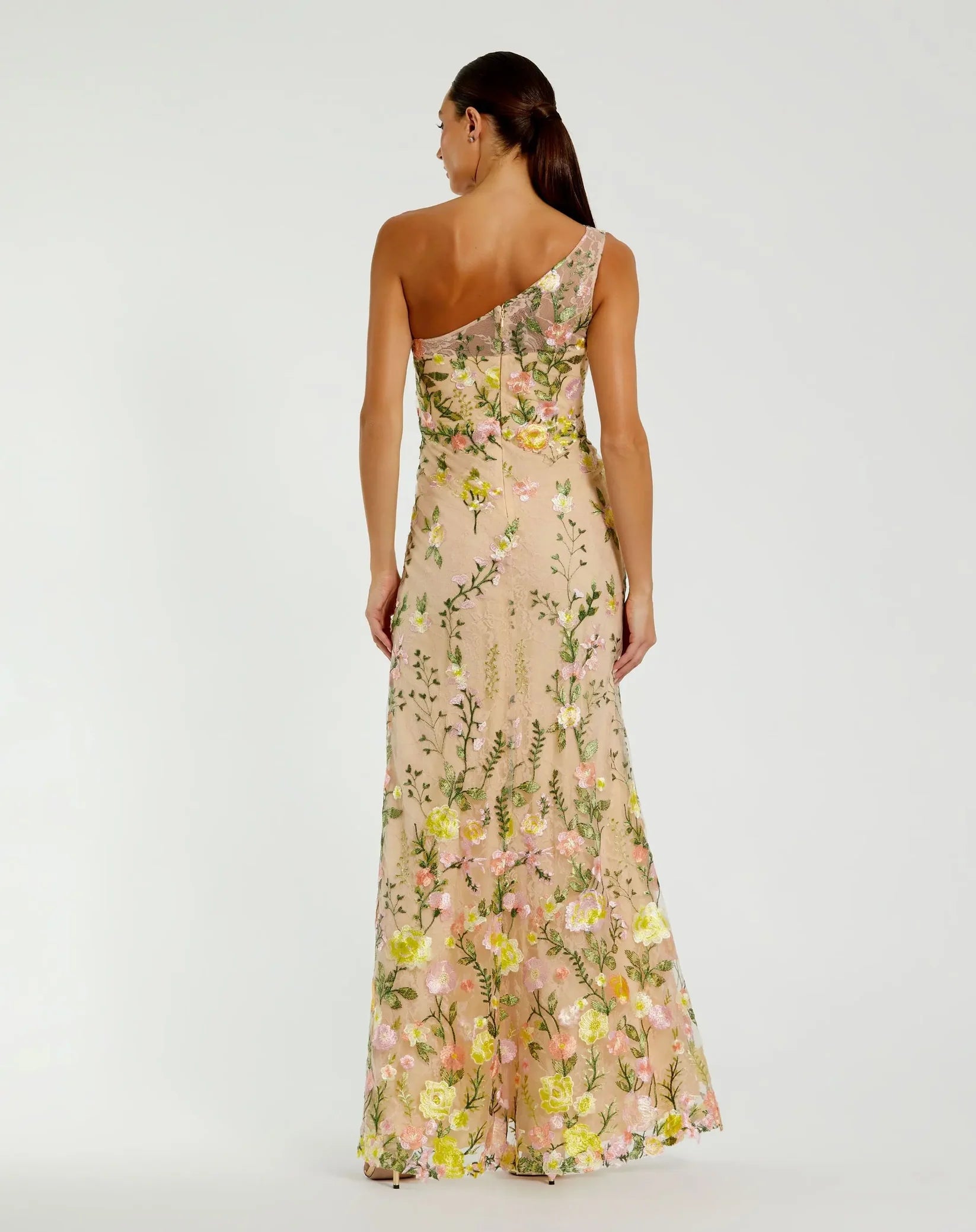 Mac Duggal - One Shoulder Floral Embroidered Gown in Yellow Multi