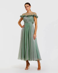 Mac Duggal - Chiffon Illusion Neck Midi Dress in Sage