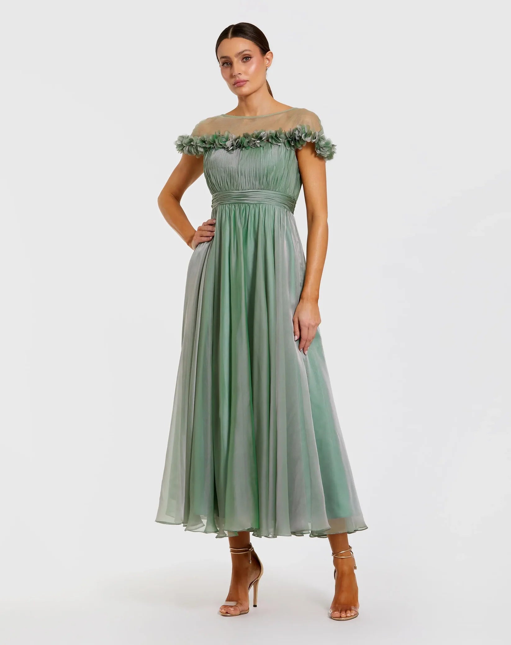 Mac Duggal - Chiffon Illusion Neck Midi Dress in Sage