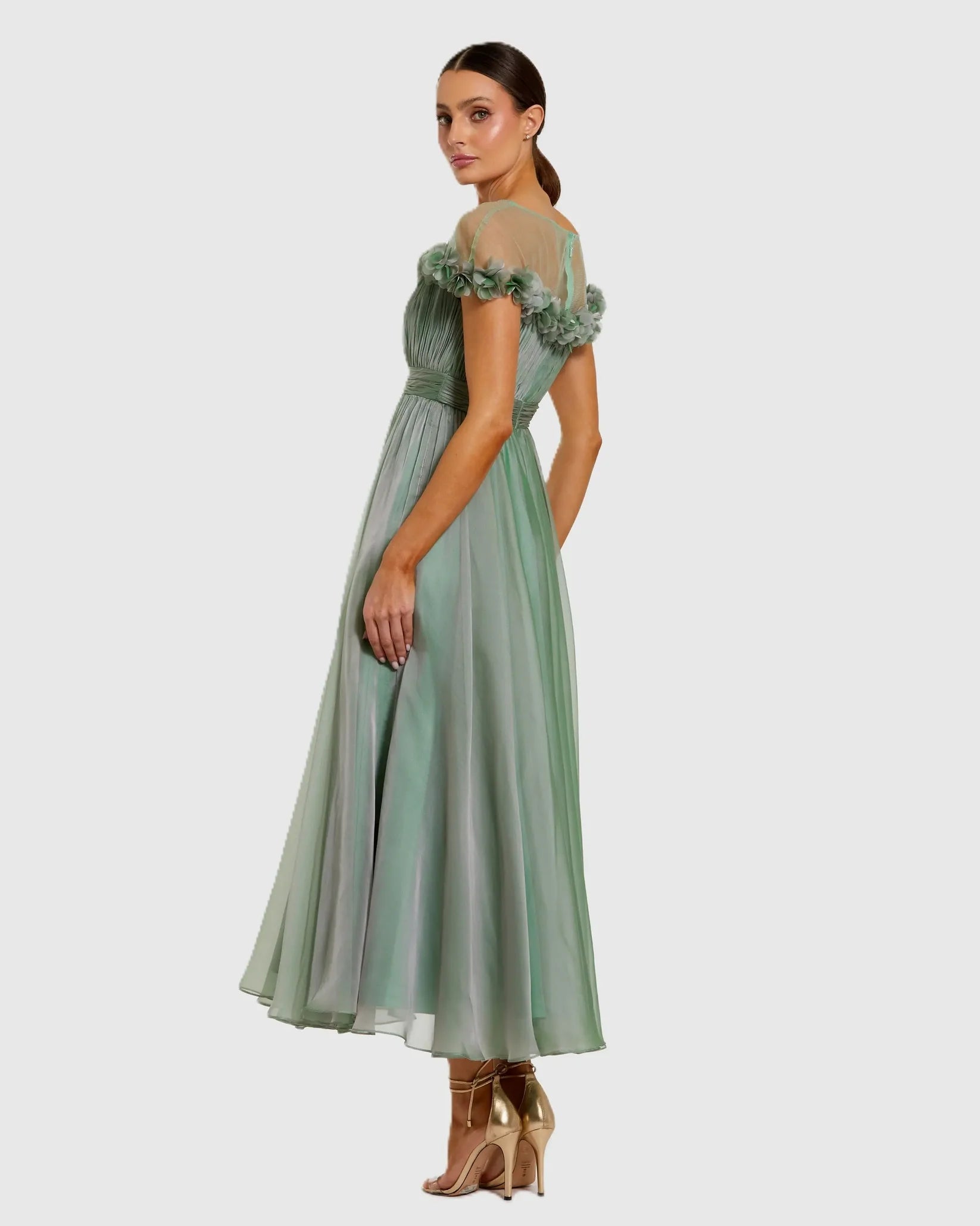 Mac Duggal - Chiffon Illusion Neck Midi Dress in Sage