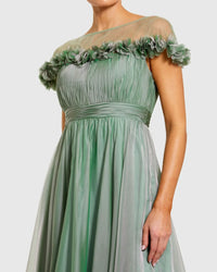Mac Duggal - Chiffon Illusion Neck Midi Dress in Sage
