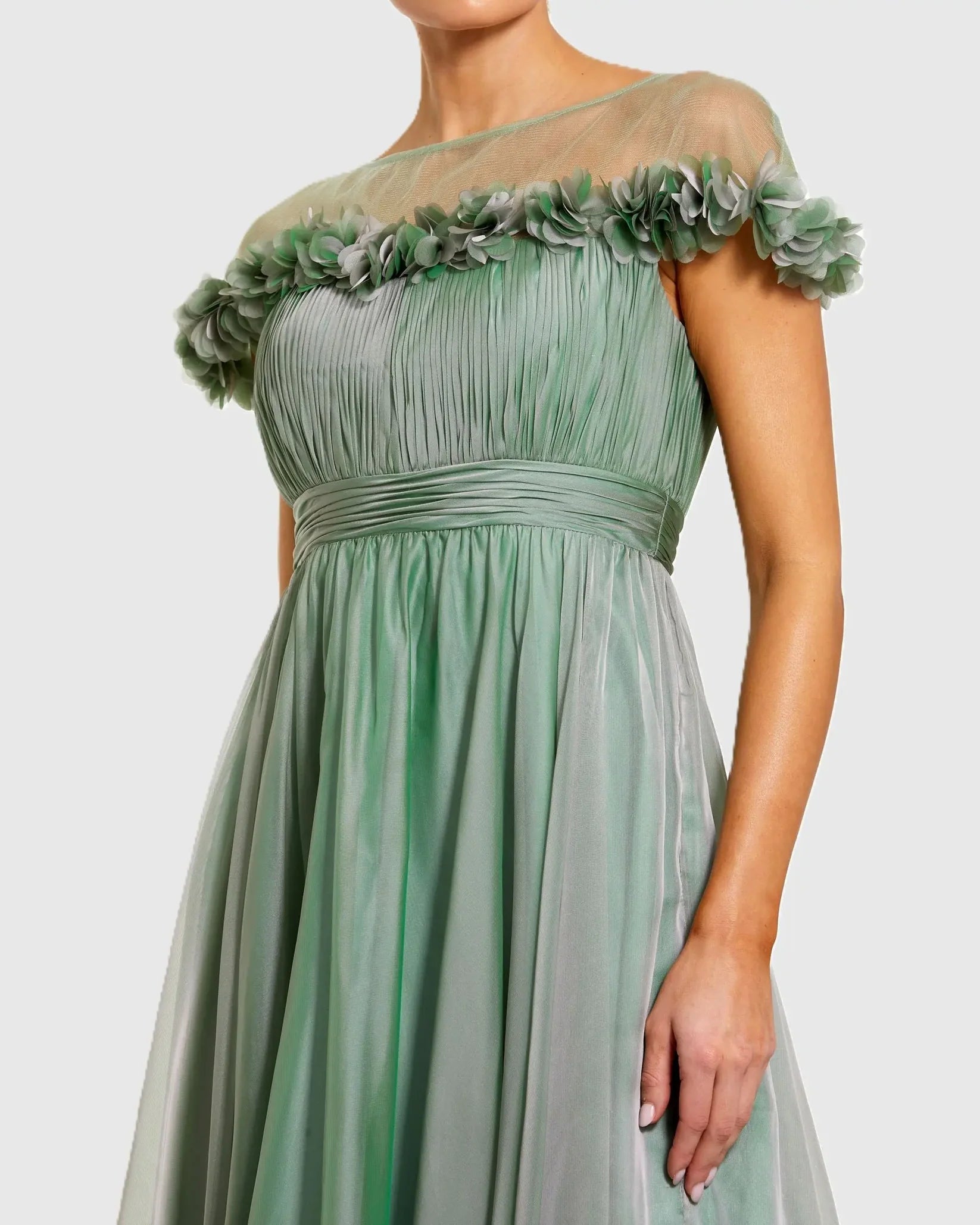 Mac Duggal - Chiffon Illusion Neck Midi Dress in Sage