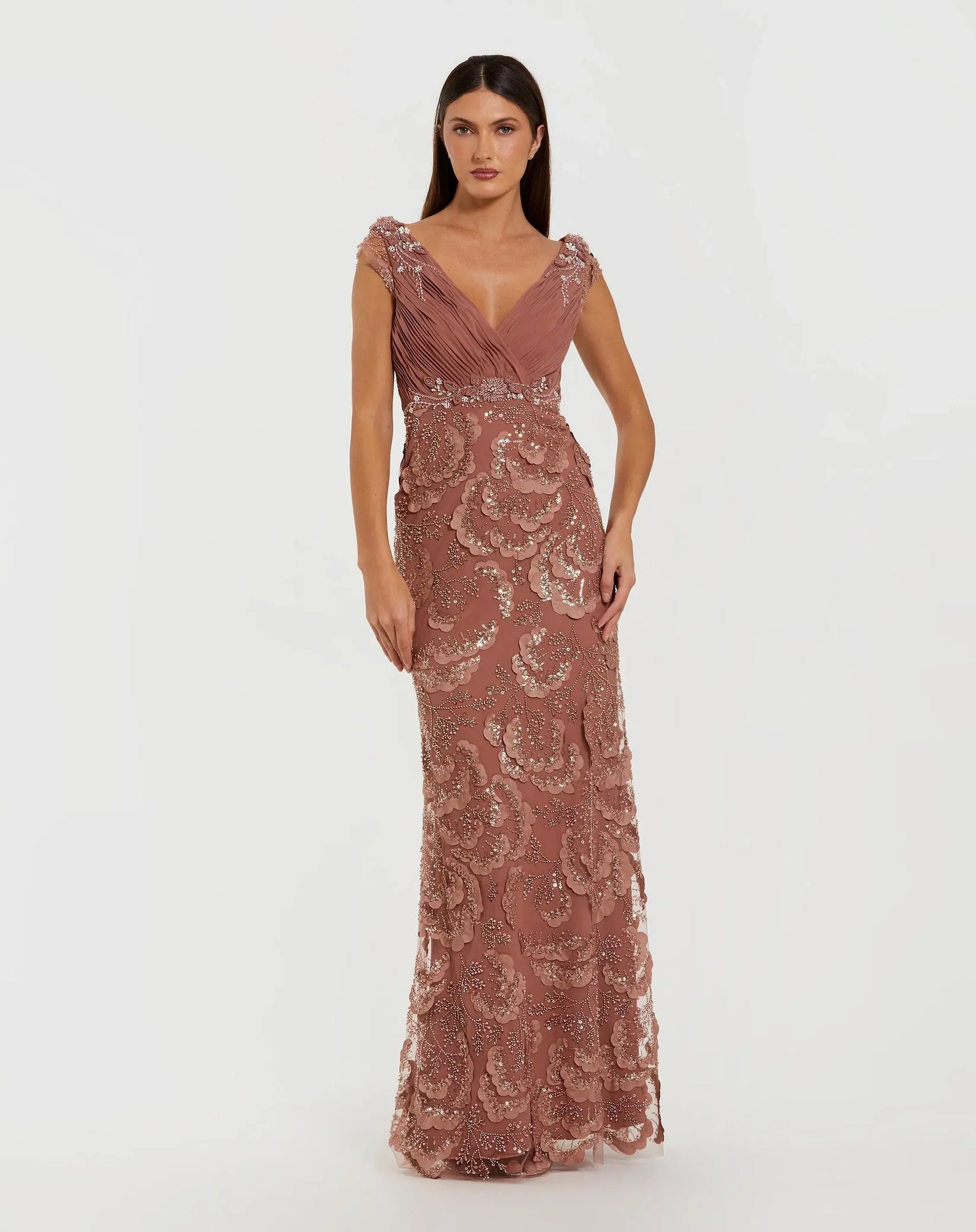 Mac Duggal - Floral Beaded Chiffon V-Neck Gown in Rose