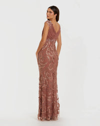 Mac Duggal - Floral Beaded Chiffon V-Neck Gown in Rose