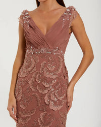 Mac Duggal - Floral Beaded Chiffon V-Neck Gown in Rose