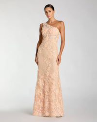 Mac Duggal - One Shoulder Floral Appliqué Sequin Gown in Peach