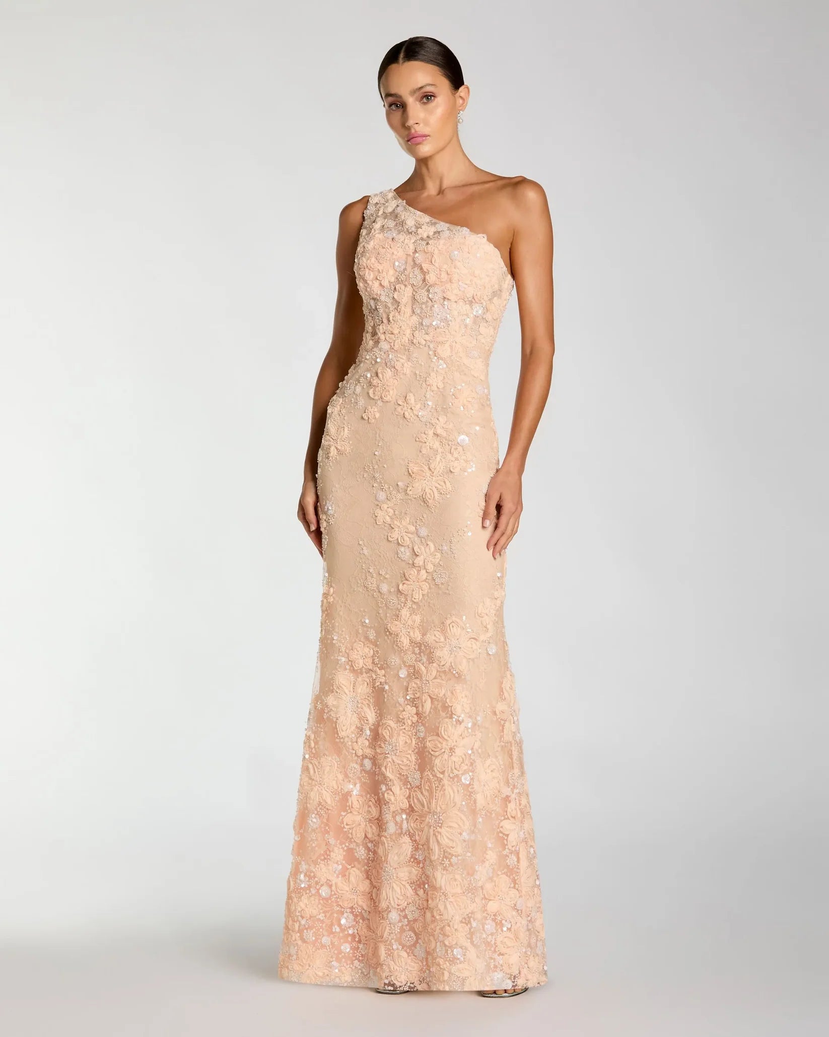 Mac Duggal - One Shoulder Floral Appliqué Sequin Gown in Peach