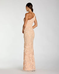 Mac Duggal - One Shoulder Floral Appliqué Sequin Gown in Peach