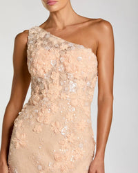 Mac Duggal - One Shoulder Floral Appliqué Sequin Gown in Peach