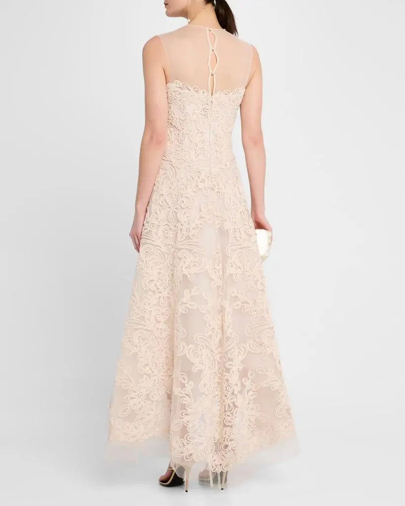 TERI JON - Macrame Embroidered Tulle Dress