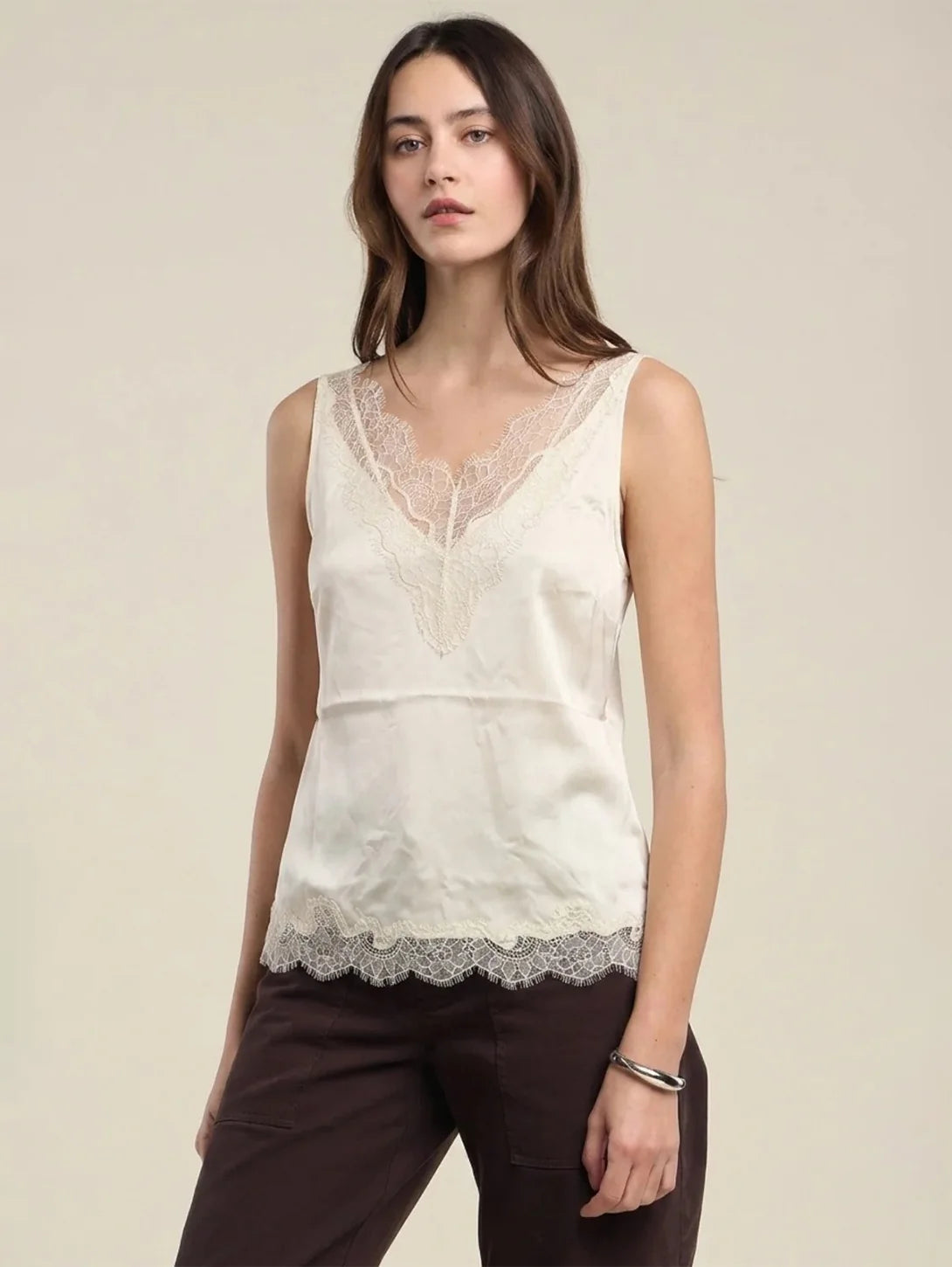 Velvet - Bera - Lace Trim Silk Top in Pearl