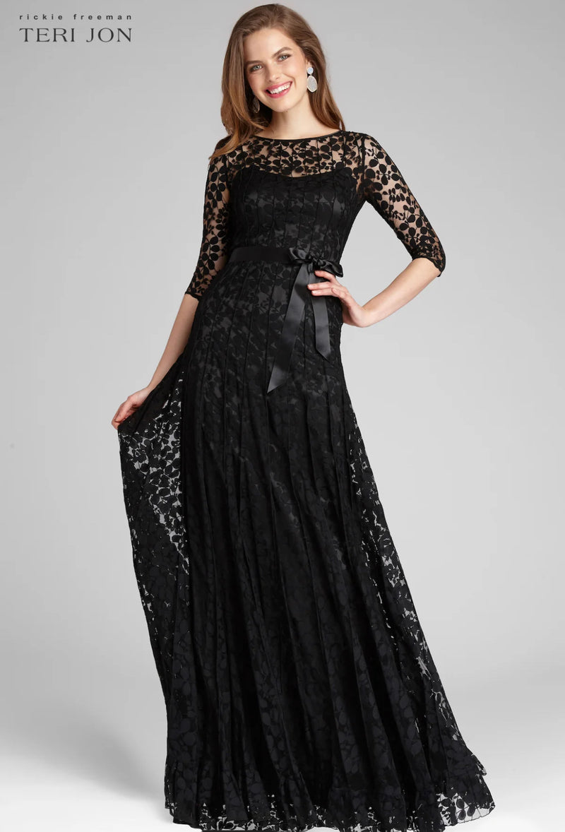 TERI JON - 3/4 Sleeve Lace Illusion Gown With Bow in Black