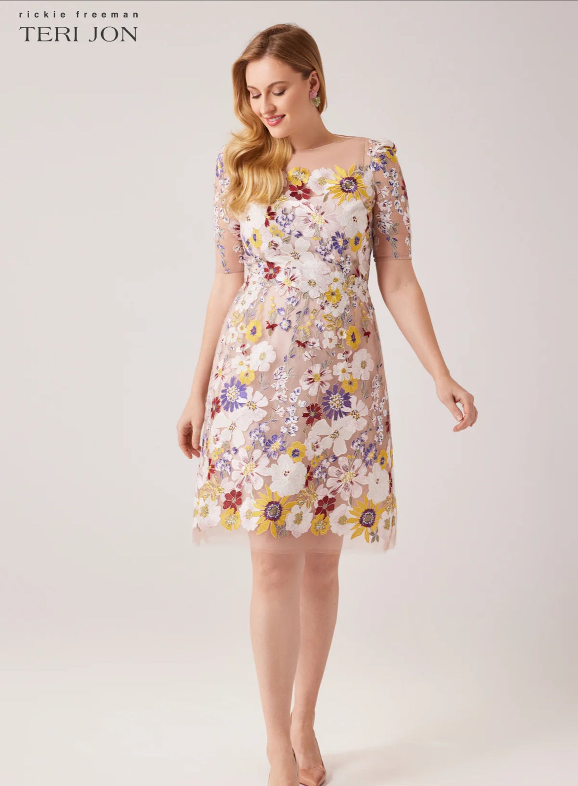 TERI JON - Elbow Sleeve 3D Flower Embroidered Fit N Flare Dress Bernstein & Gold TERI JON - Elbow Sleeve 3D Flower Embroidered Fit N Flare Dress Bernstein & Gold