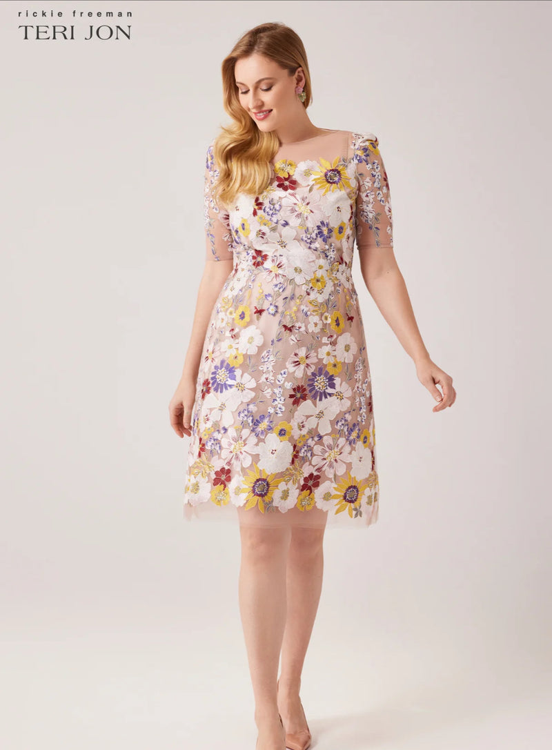 TERI JON - Elbow Sleeve 3D Flower Embroidered Fit N Flare Dress