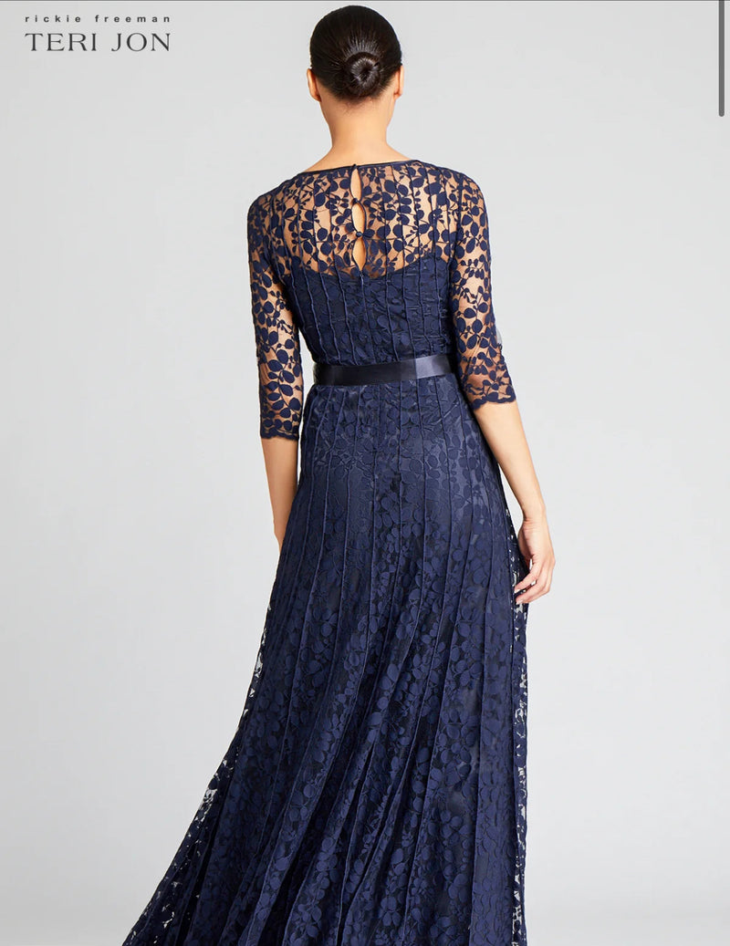 TERI JON - 3/4 Sleeve Lace Illusion Gown With Bow in Navy