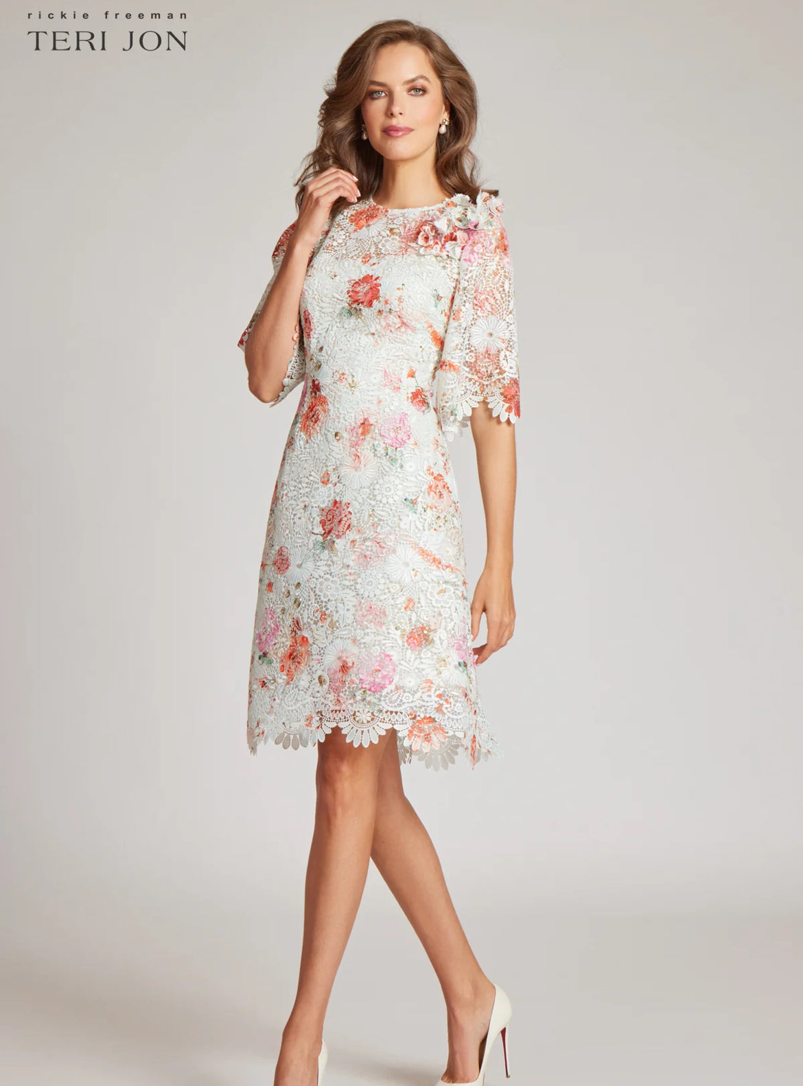 TERI JON - Printed Lace Dress in Mist Multi Bernstein & Gold TERI JON - Printed Lace Dress in Mist Multi Bernstein & Gold