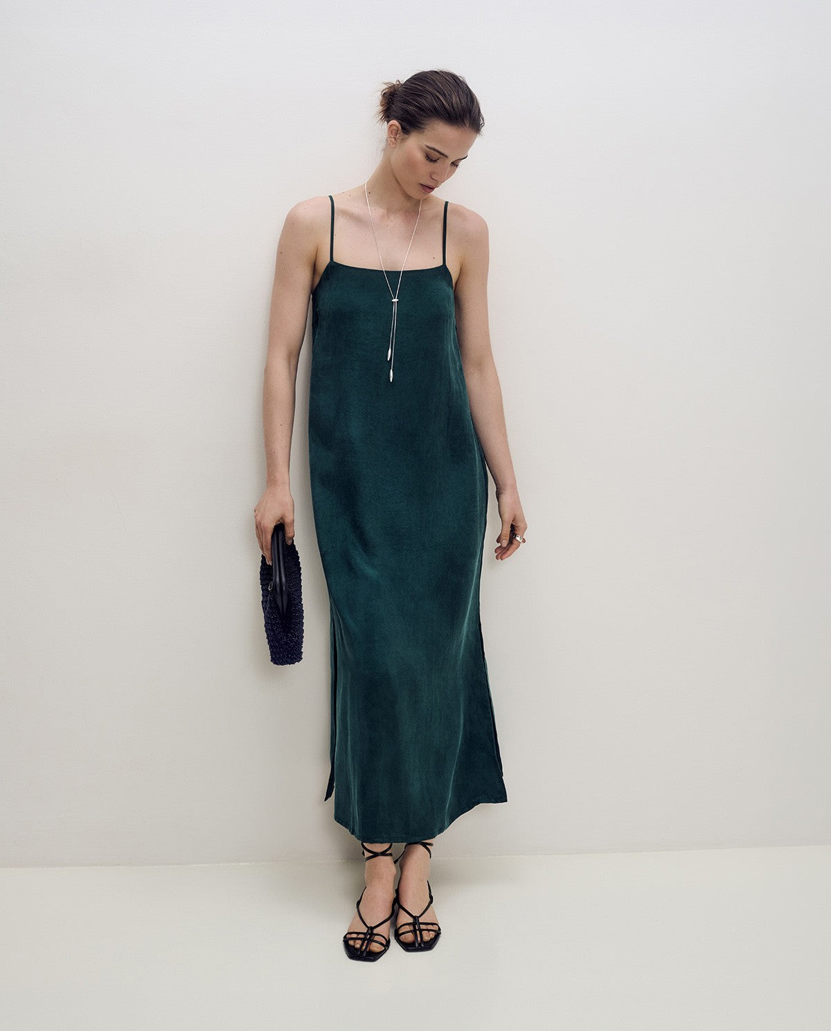 YERSE - Long Spaghetti Strap Dress in Green