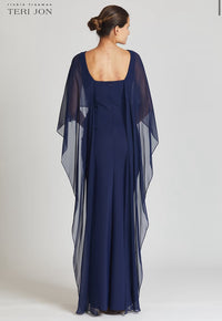 TERI JON - Scuba Gown with Chiffon Cape in Navy