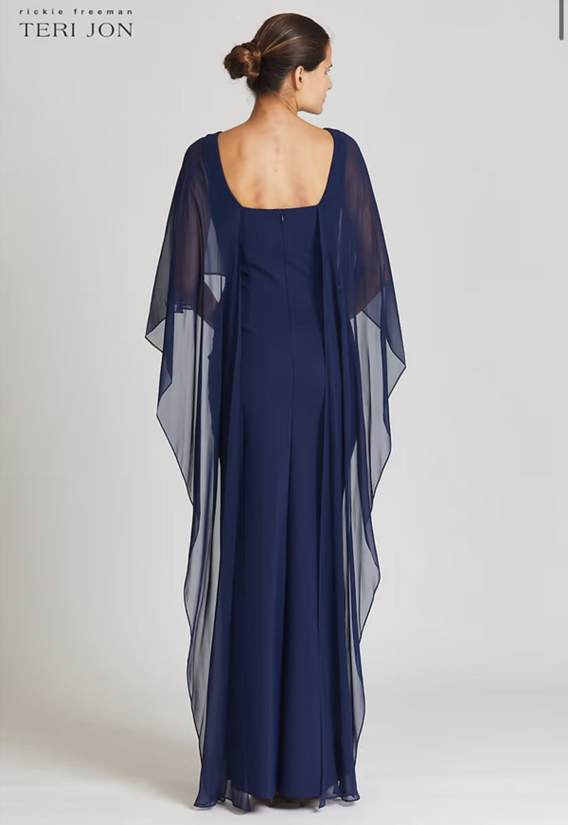 TERI JON - Scuba Gown with Chiffon Cape in Navy