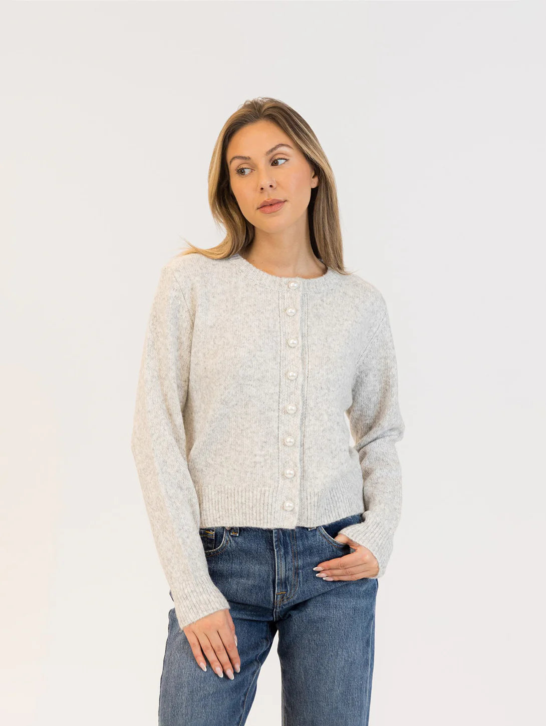 Lyla & Luxe - Aisha Pearl Cardigan in Light Grey