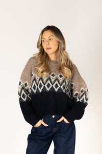 Lyla & Luxe - Aria - Fair Isle Crew Sweater in Camel/Black