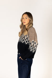 Lyla & Luxe - Aria - Fair Isle Crew Sweater in Camel/Black