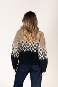 Lyla & Luxe - Aria - Fair Isle Crew Sweater in Camel/Black